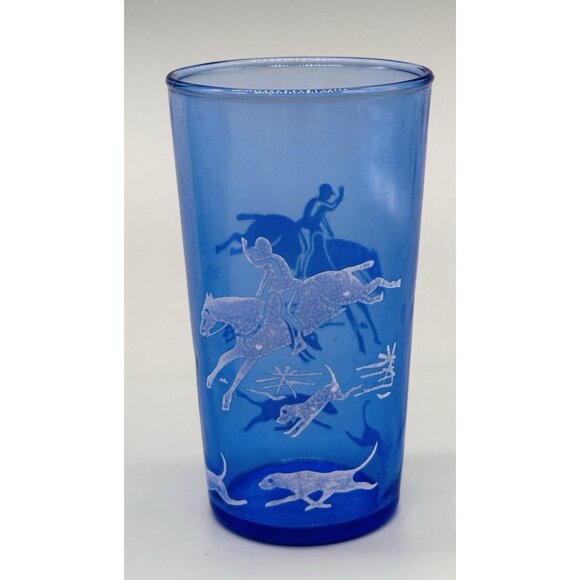 Hazel Atlas Tally Ho Cobalt Blue Juice Glass Fox Hunt 3.75 inch Lot of 3 - Picture 3 of 9